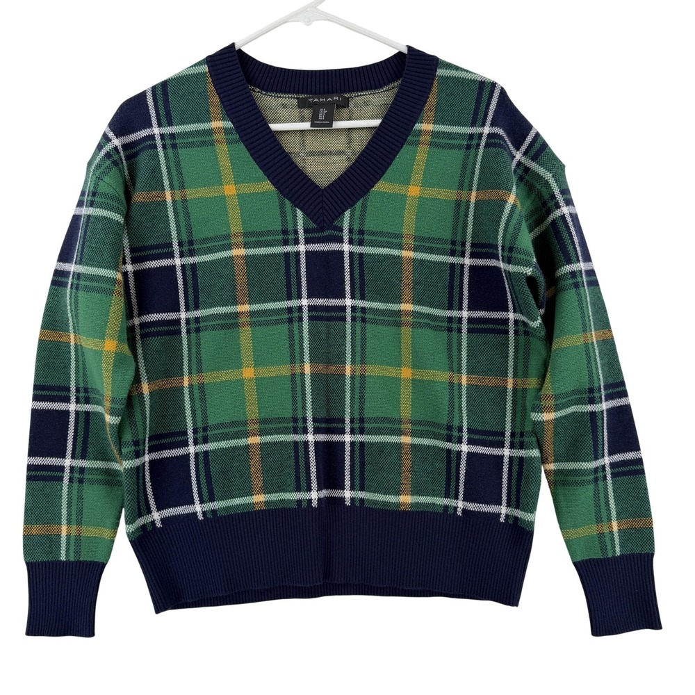 Tahari Sweater Womens‎ Small Green Navy Plaid V Neck Knit Pullover Long Sleeve